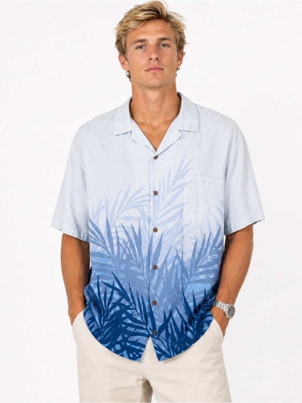 Tommy Bahama Hawaiian Camp Shirt Silk Blue Tropical Palm Print S/S Mens Size L
